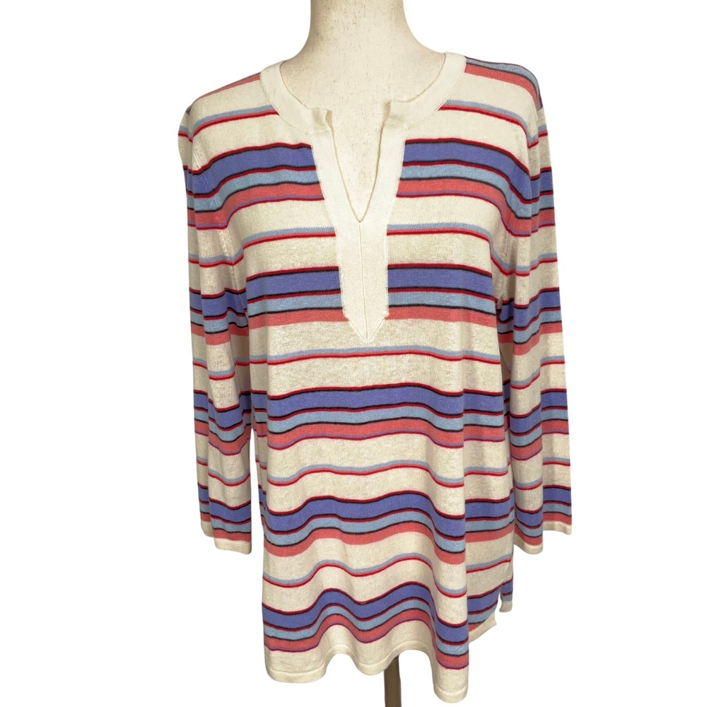 Talbots Sweater Women‎ Large Beige Blue Stripe Casual Top Linen Coastal Summer